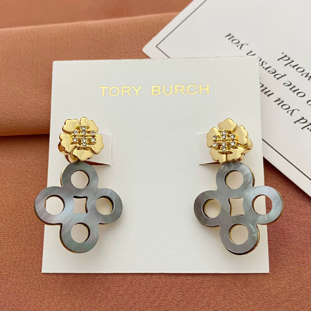 Tory Burch Rhinestone Shell Clover Metal Drop Earrings